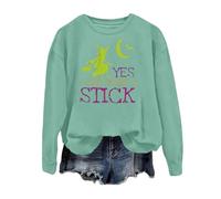 Generisch Maglione da donna alla moda Halloween lettere strega "Yes I Can Drive A Stick" stampato a maniche lunghe con cappuccio, Verde menta, XXL