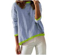 Generisch Maglione da donna alla moda, scollo rotondo, a righe, colore a contrasto, a maniche lunghe, per il tempo libero, Blu, S