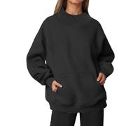 Generisch Maglione da donna autunnale, a maniche lunghe, senza cappuccio, con colletto alto, tasca sulle spalle profonde, fodera in pile, maglione a maniche lunghe, morbido spazzolato, Nero , XXL