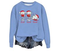 Generisch Maglione da donna casual con stampa natalizia, con scollo rotondo, per una festa alla moda, Blu, S
