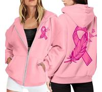Generisch Maglione da donna con cappuccio in pile con chiusura lampo, a maniche lunghe, per il mese di coscienza del cancro al seno, casual, caldo, per sport invernali, Colore: rosa., L