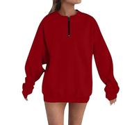 Generisch Maglione da donna con chiusura lampo, felpa da donna, oversize, tinta unita, con scollo rotondo, senza cappuccio, in pile, a maniche lunghe, Colore: rosso, L