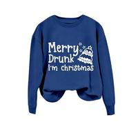 Generisch Maglione da donna con maniche a pipipistrello e maniche lunghe, motivo albero di Natale "Merry Drunk I'm Christmas" con stampa a lettere, Blu, M