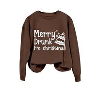 Generisch Maglione da donna con maniche a pipipistrello e maniche lunghe, motivo albero di Natale "Merry Drunk I'm Christmas" con stampa a lettere, caffè, L