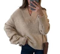 Generisch Maglione da donna con scollo a V, con bordi a coste e vestibilità oversize, con spalle che cadono per un comfort casual, cachi, M