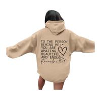 Generisch Maglione da donna con scollo rotondo e stampa a lettere, maglione a maniche lunghe con cappuccio, cachi, 5XL