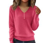 Generisch Maglione da donna, elegante, tinta unita, a maniche lunghe, casual, con scollo a V, per l'inverno, comodo, caldo, maglione streetwear, Hot Rosa-a., L