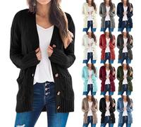 Generisch Maglione da donna in cashmere, open Front Button Down Cardigan con tasche, a maniche lunghe Cozy Knit Tops for Fall Winter, Nero , XXL