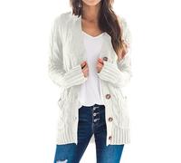 Generisch Maglione da donna in cashmere, open Front Button Down Cardigan con tasche, a maniche lunghe Cozy Knit Tops for Fall Winter, bianco, L