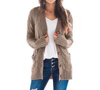 Generisch Maglione da donna in cashmere, open Front Button Down Cardigan con tasche, a maniche lunghe Cozy Knit Tops for Fall Winter, cachi, S