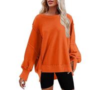 Generisch Maglione da donna in cotone, da donna, oversize, con scollo rotondo, a maniche lunghe, vestibilità comoda, a maniche lunghe, con spacco laterale