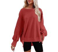 Generisch Maglione da donna in cotone, da donna, oversize, con scollo rotondo, a maniche lunghe, vestibilità comoda, a maniche lunghe, con spacco laterale