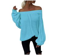 Generisch Maglione da donna in maglia a maniche lunghe, senza spalline, tinta unita, con colletto a una parola, tunica senza schiena, Blu, L