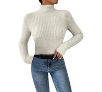 Generisch Maglione da donna, slim fit, con colletto alto, a maniche lunghe, strato base in visone, invernale, caldo, bianco, S