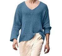 Generisch Maglione da uomo con scollo a V, tinta unita, lavorato a maglia, a maniche lunghe, semplice, per il tempo libero, per l'autunno, l'inverno, le grandi dimensioni, Azzurro, L