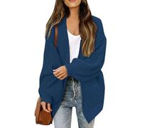 Generisch Maglione donna con scollo a V e davanti aperto, maniche lunghe a mongolfiera, cardigan all'uncinetto, maniche lunghe, giacca larga, Blu scuro, M