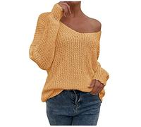 Generisch Maglione invernale classico da donna, senza spalline, in tinta unita, colletto di una parola, a maglia, giallo., L