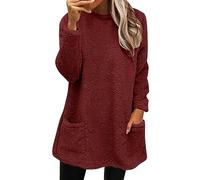 Generisch Maglione invernale da donna, a maniche lunghe, con scollo rotondo, caldo, casual, tinta unita, per l'inverno, da donna, con tasche, per adolescenti, da donna, oversize, Colore: rosso, L
