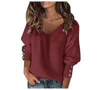 Generisch Maglione invernale da donna, caldo, elegante, a maglia, con scollo a V, oversize, a maglia grossa, in tinta unita, a maniche lunghe, Vino, M