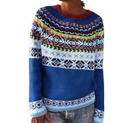 Generisch Maglione norvegese da donna, elegante, caldo, maglione invernale di grandi dimensioni, con stampa a girocollo, maglione casual, in lana, comodo, morbido, lavorato a maglia, per autunno, Blu