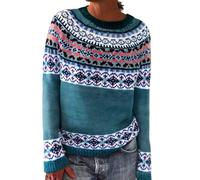Generisch Maglione norvegese da donna, elegante, caldo, maglione invernale di grandi dimensioni, con stampa a girocollo, maglione casual, in lana, comodo, morbido, lavorato a maglia, per autunno, Blu