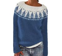 Generisch Maglione norvegese da donna, elegante, caldo, maglione invernale di grandi dimensioni, con stampa a girocollo, maglione casual, in lana, comodo, morbido, lavorato a maglia, per autunno, Blu