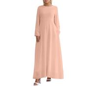 Generisch Maxi abito casual da donna stile Dubai, elegante vestaglia con cintura, maniche lunghe, scollo rotondo, comodo, per tutti i giorni, per il tempo libero, Colore: rosa., S