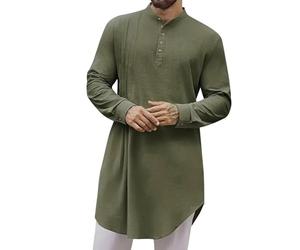 Generisch Mens Lino Manica Lunga Caftano Thobe Abito Lungo Camicia Robe Casual Musulmano Abito, verde, L