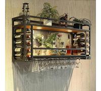 Generisch Mensola per vino da parete a 2 piani, porta bicchieri da vino industriale rustico, unità bar multifunzionale, scaffali sospesi con luce LED, montaggio a parete/installazione sospesa 80 cm