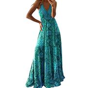Generisch Midi Abiti da donna con scollo a V, abito floreale senza maniche, abito lungo bohémien, abito da spiaggia elegante, abito estivo Belle Dress Up per ragazze, verde, S