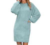 Generisch Mini abito da donna in pile, tinta unita, per l'inverno, caldo, a tunica, girocollo, a maniche lunghe, oversize, elegante, per il tempo libero, leggero, Azzurro, L