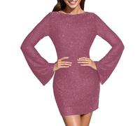 Generisch Mini abito da donna scintillante con schiena scoperta con cravatta, a maniche lunghe, aderente, per feste e discoteche, rosa intenso, XL