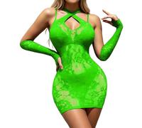Generisch Mini abito trasparente attillato con maniche lunghe, decorazione in pizzo senza schiena per seducenti esibizioni in club, verde, Taglia unica