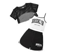 Generisch Mini topo vestito estivo per ragazze, set da 3 pezzi, casual, vestibilità larga, pantaloncini senza maniche, combinazione per attività all'aperto, 8-14, comodo set neonato, Nero , 13-14Years