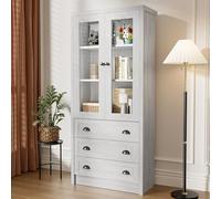 Generisch Mobile alto moderno, 80 x 34 x 171 cm, con effetto legno e ante in vetro, 3 cassetti, maniglie in rame e spazio per libri, decorazioni e documenti, ideale per soggiorno, ufficio e corridoio