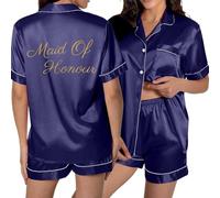 Generisch Moda sportiva da donna per donna con bottone tascabile, design stampato per relax comfort nella vita di tutti i giorni pigiama, Blu marino, S