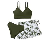 Generisch Modello universo, costume da bagno da bambina, in 3 pezzi, tinta unita, bikini rullfe, costume da bagno per bambini, verde, 15Y