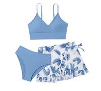 Generisch Modello universo, costume da bagno da bambina, in 3 pezzi, tinta unita, bikini rullfe, costume da bagno per bambini, Azzurro, 9 anni