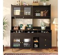 Generisch Moderna credenza per sala da pranzo con vetro perforato e scaffale per vino, grande armadietto (145 x 39 x 171 cm) in MDF nero e oro, armadio multifunzione di alta qualità per cucina e