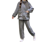 Generisch Morbido pigiama invernale in flanella in due pezzi con elegante motivo jacquard come biancheria da notte termica a maniche lunghe per una vestibilità confortevole, Blu marino, M