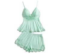 Generisch Morbido set da donna con bordo in pizzo per una comoda biancheria da notte corta, dettagli delicati nel, verde, L