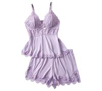 Generisch Morbido set da donna con bordo in pizzo per una comoda biancheria da notte corta, dettagli delicati nel, Lilla, XXL