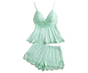 Generisch Morbido set da donna con bordo in pizzo per una comoda biancheria da notte corta, dettagli delicati nel, verde, L