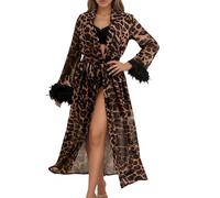 Generisch Motivo leopardato Accappatoio lungo bordatura maniche lunghe allacciatura anteriore lingerie abito da notte per le notti, Nero , XXL