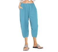 Generisch Mussola - Pantaloni lunghi da donna, leggeri, in lino, per il tempo libero, elasticizzati, eleganti, traspiranti, estivi, comodi pantaloni estivi, casual ed eleganti, Blu cielo D., M