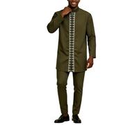 Generisch Musulmano Caftano Abbigliamento Uomo 2 Pezzi Vestito Africano Manica Lunga Dashiki Casual Abito Elegante Formale Pantaloni per Matrimonio Affari Cena Arabo Tobe Set, T-02 verde, M