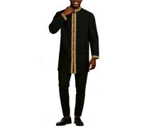Generisch Musulmano Caftano Abbigliamento Uomo 2 Pezzi Vestito Africano Manica Lunga Dashiki Casual Abito Elegante Formale Pantaloni per Matrimonio Affari Cena Arabo Tobe Set, T-01 Nero, M