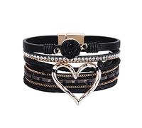 Generisch Orologio al quarzo con cinturino in pelle Set Multilayer Wrap Bracciale di Cristallo Cuore Braccialetto Chiusura Magnetica Bracciali per Donne Bracciali Per Ragazze, Taglia unica, pelle