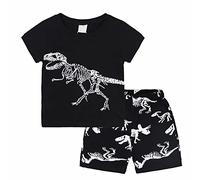 Generisch Pantaloncini a maniche corte con stampa dinosauro, in due pezzi, casual, per il compleanno dei bambini, Nero , 2-3Years