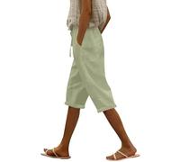 Generisch Pantaloncini corti da donna in cotone e lino, leggeri, lunghezza al ginocchio, pantaloni da allenamento, a vita alta, gamba larga, estivi, con tasche, per il tempo libero, comodi pantaloni